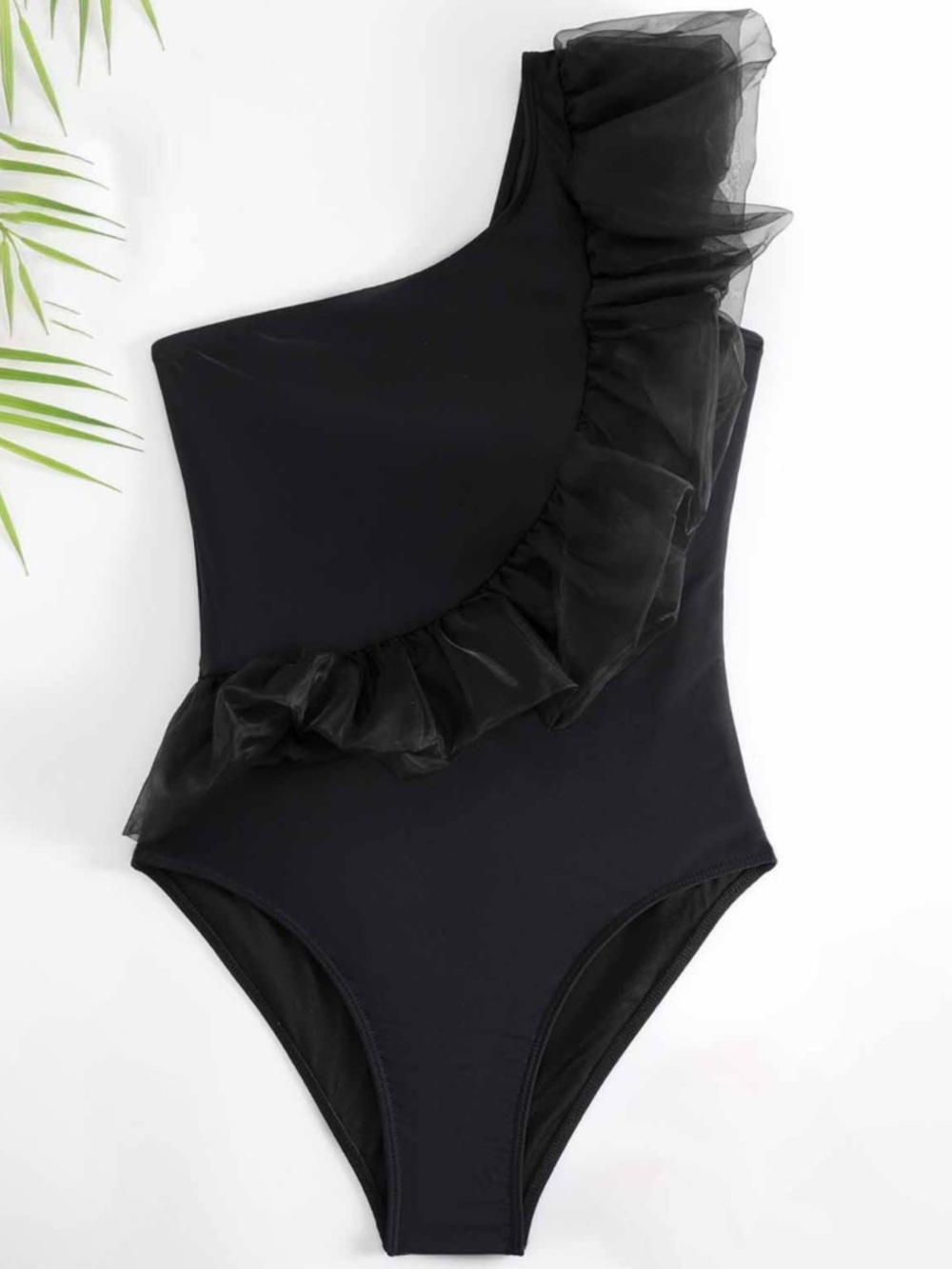 One-Shoulder Black Ruffle One-Piece Swimsuit